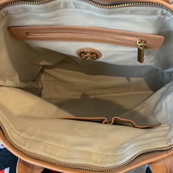 Tory Burch all leather tan and red tote bag good/fair quality - Picture 3 of 5